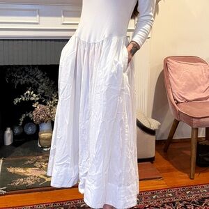 Free People White Midi Dress Long Sleeve Drop Waist Cotton Ballet Minimalist M
